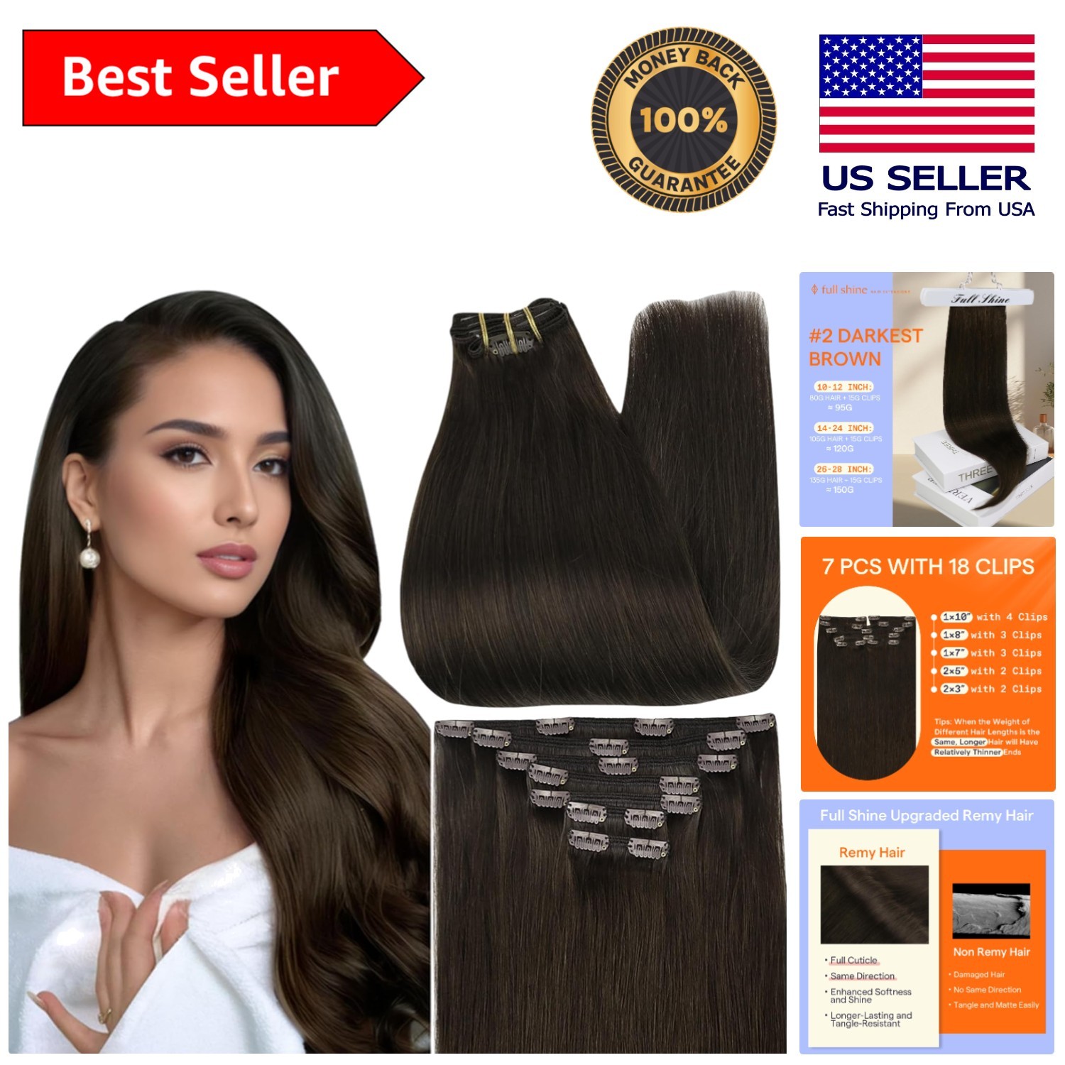 Effortless Clip-In Hair Extensions 18 Inch – Brazilian Remy Dark Brown Elegance