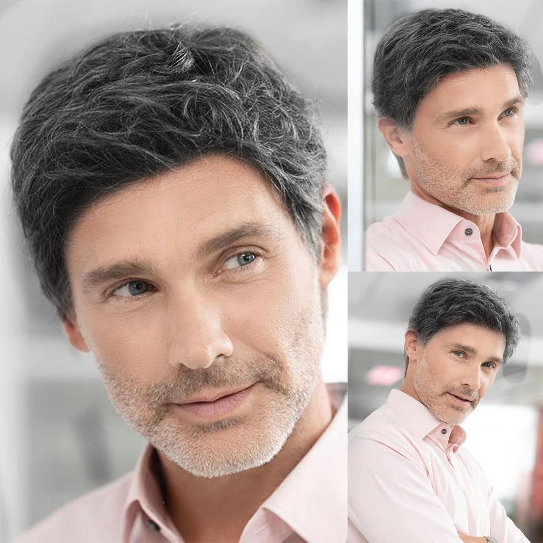 Men’s Short Black Grey Wig – Natural Layered Synthetic Heat-Resistant Hair