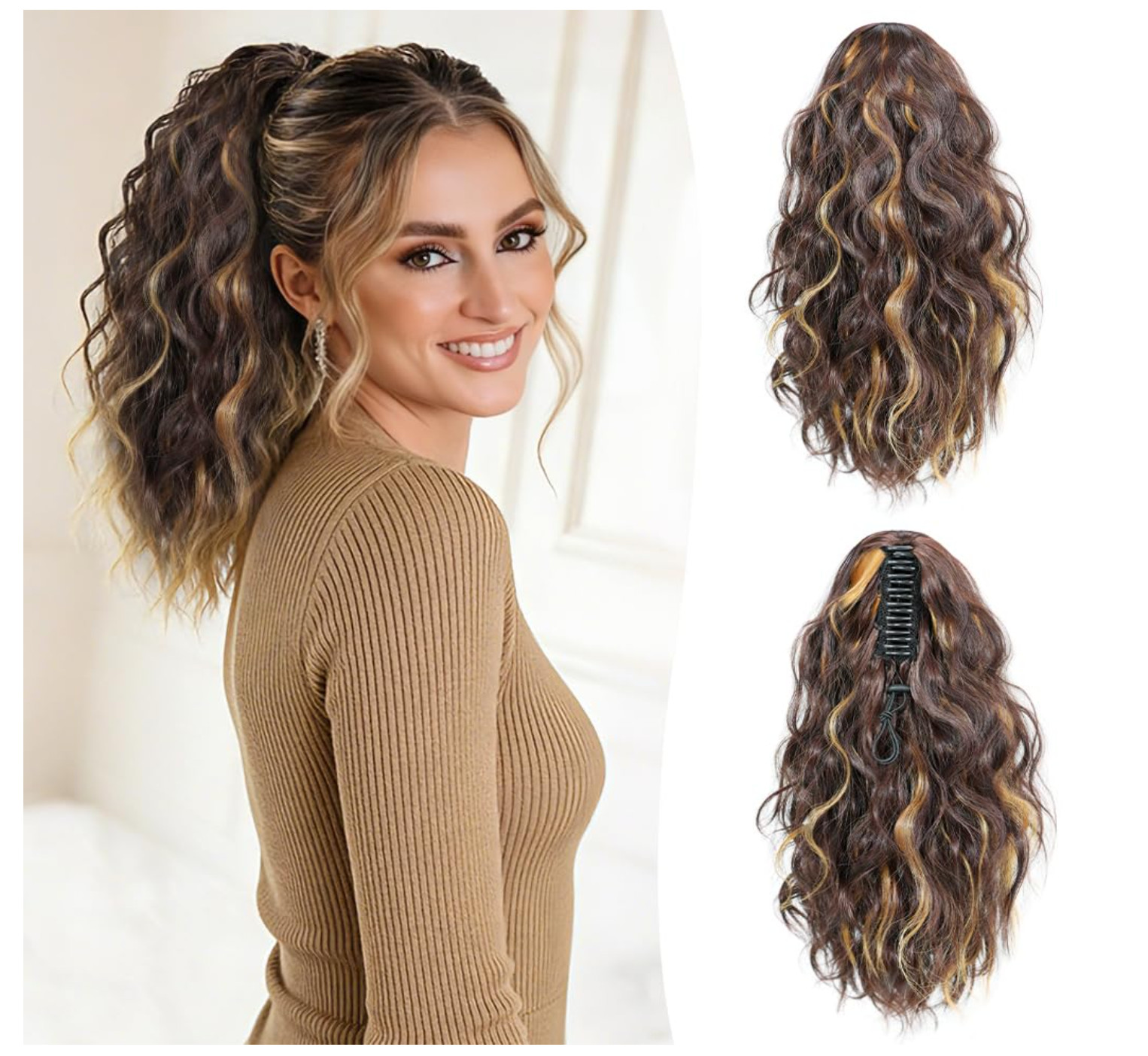 Claw Clip Ponytail Extension for Women Chocolate Brown with Blonde