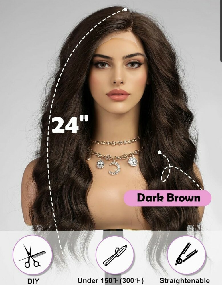 HD Lace Front Wig Natural Dark Medium Brown Ombre Wavy Heat Resistant 24 In