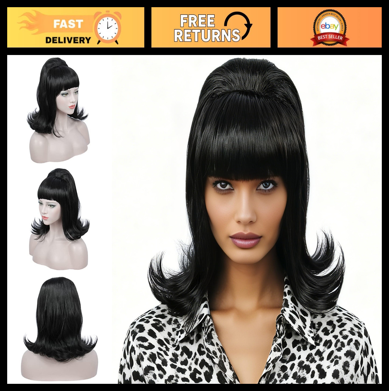 Retro Black Bouffant Wig for Women – 50s 80s Beehive Costume Hairpiece