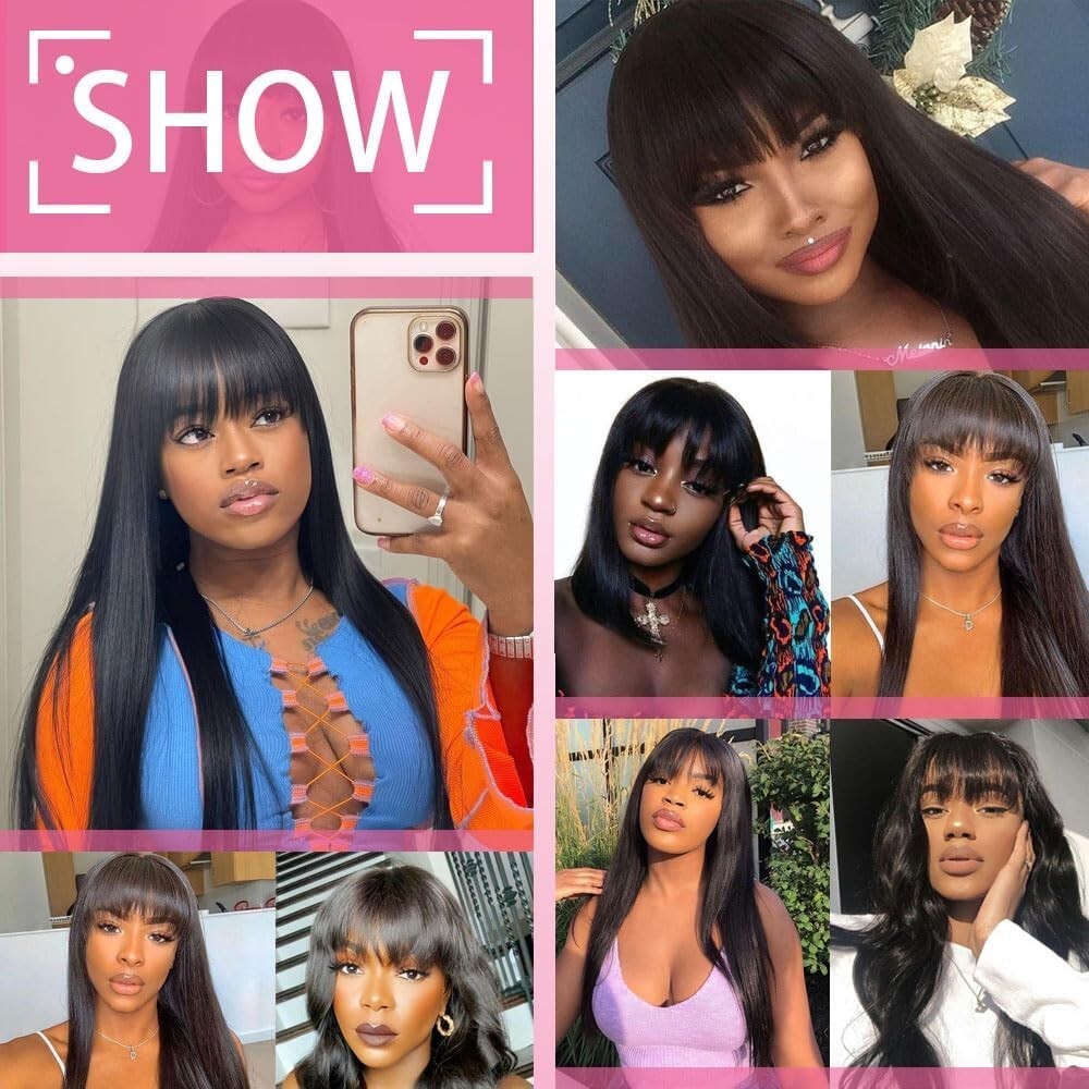 Poshance Straight Wigs with Bangs Human Hair Glueless Machine Made 20″