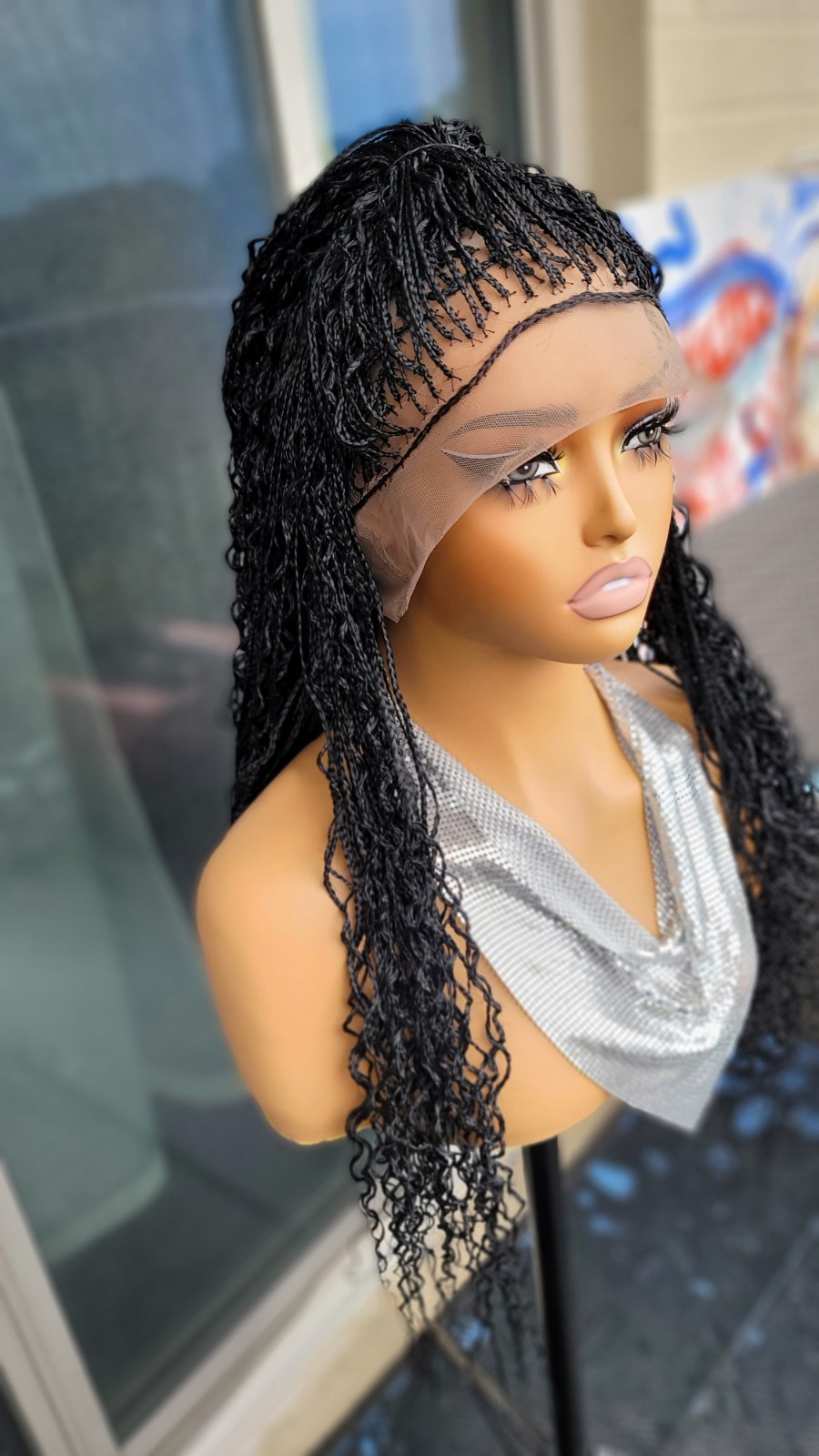 Braided Wig 22″ Micro Boho Braids Jet Black Full Lace Glueless Handmade Long NWT