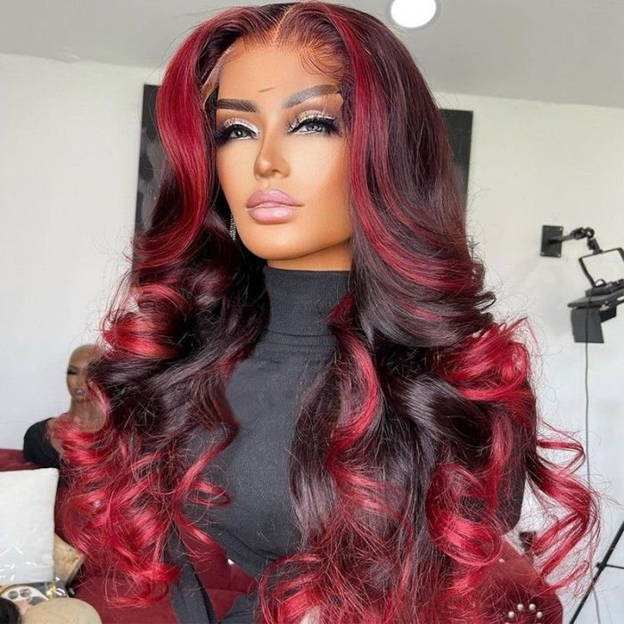 99j Red Burgundy Black Hair Highlight 13×4 Lace Front Human Hair Wig Pre Plucked