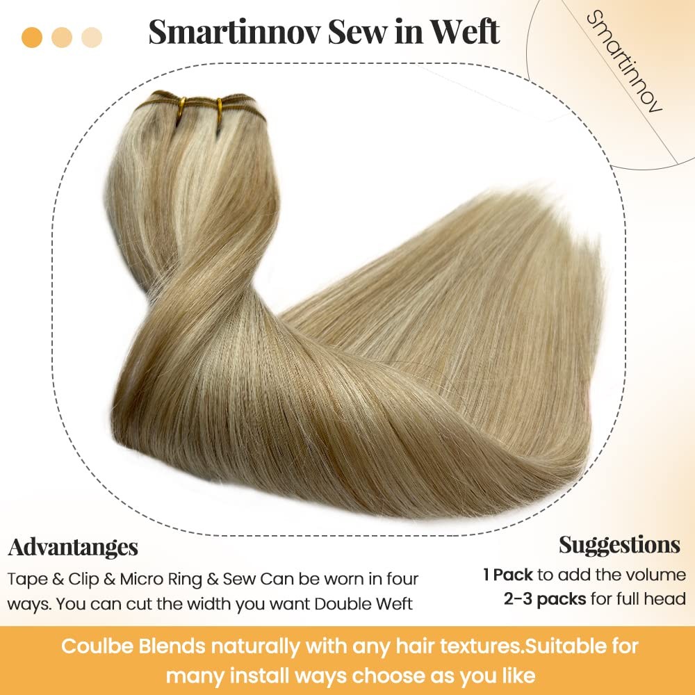 Ash Blonde Sew-in Hair Extensions Human Hair 14 inch Weft Bundles for Women Stra