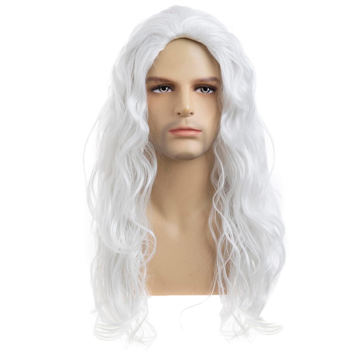 Mens White Wig Long Curly Wavy Wig for Men Middle Part Synthetic Heat Resista…