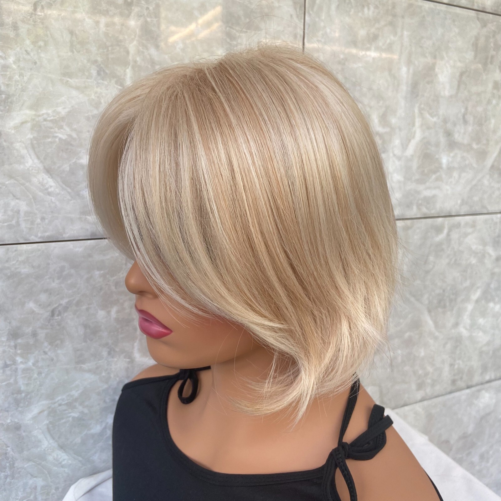 Short Natural Blonde Mix 100% Human Hair Blend Heat Ok Wigs Women Soft