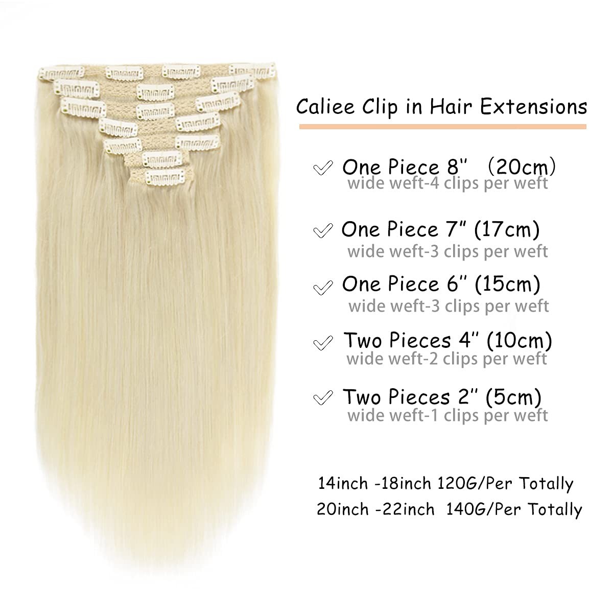 Caliee 14 Inch Clip In Hair Extensions Human Hair Color 60A Platinum Blonde
