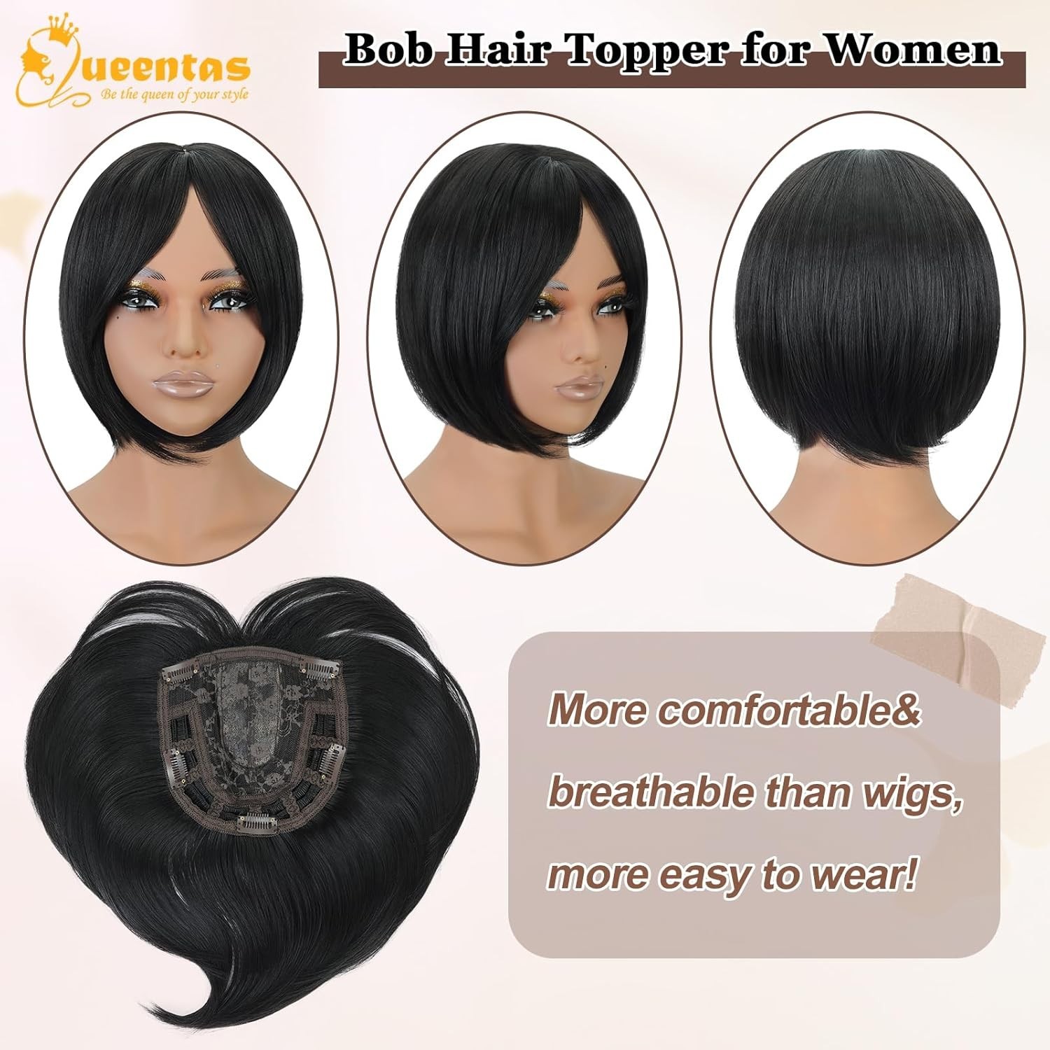 QUEENTAS Black Hair Topper for Women with Thinning Hair Pieces 5.7″*5.7″Large Co
