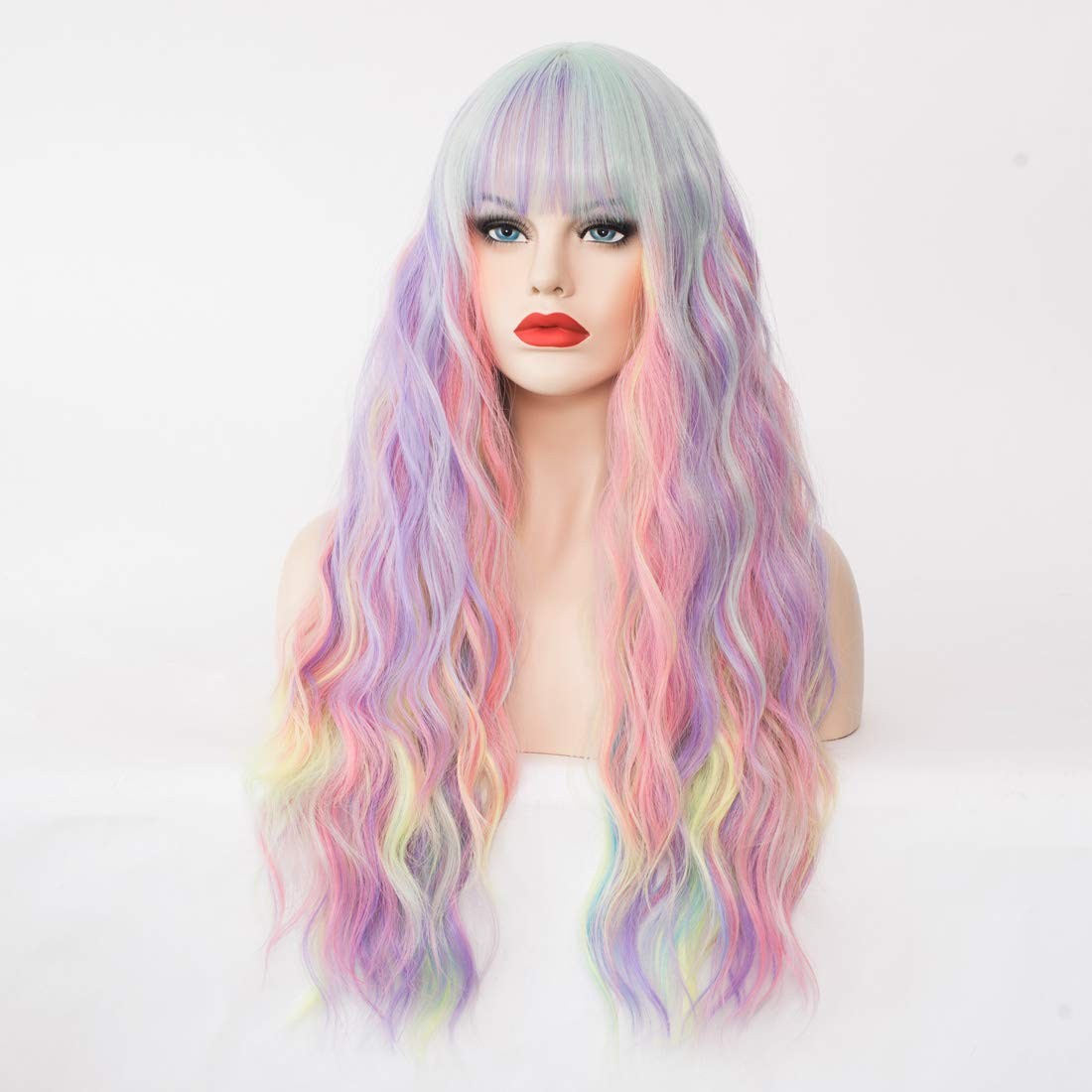 Women’s Multi Color Rainbow Wig 27 Inches Long Curly Wavy Hair Wig Heat Resis…