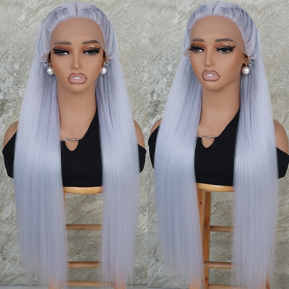 US 32 inch Synthetic Hair Lace Front Wigs Women Party Long Straight Light Blue