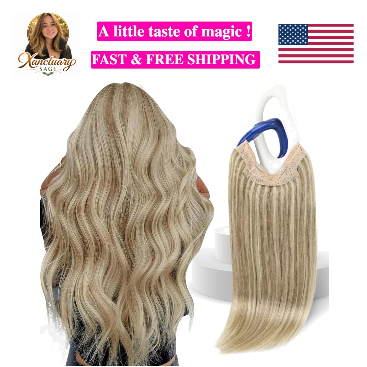 Reusable Halo Hair Extensions – 18 Inch Golden Blonde with Medium Highlights