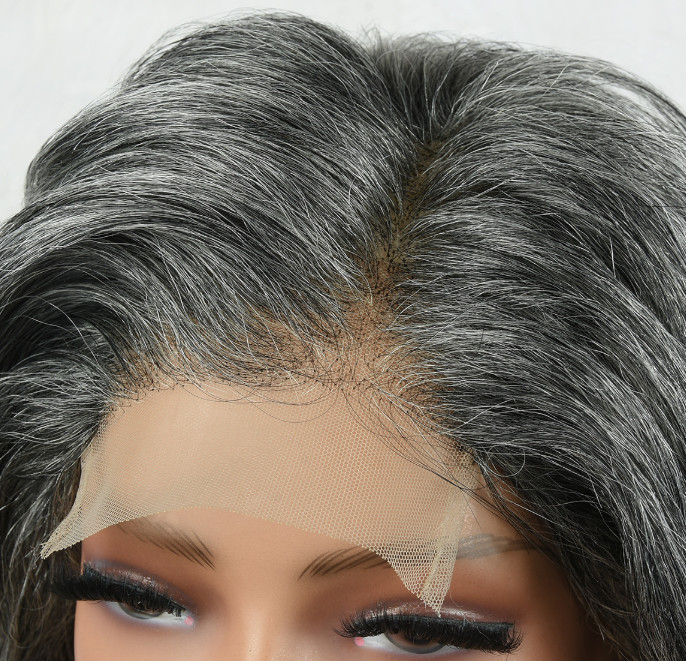 Short 100% Human Hair 4X4 Lace Front Silvery Gray Mix Grandma Natural Wigs Soft