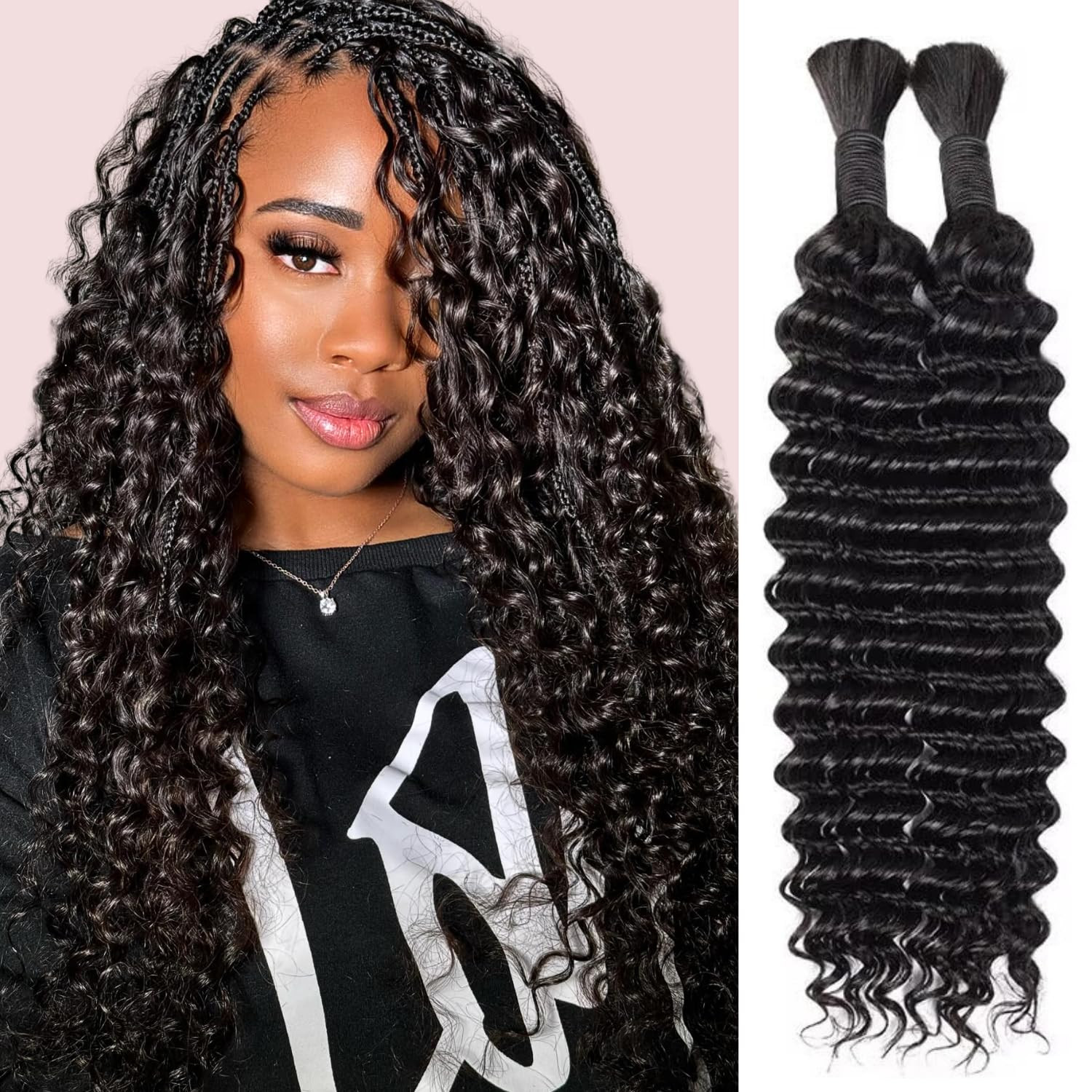 Human Braiding Hair for Boho Braids, 100G 18 Inch Deep Wave Raw Human Hair, Soft