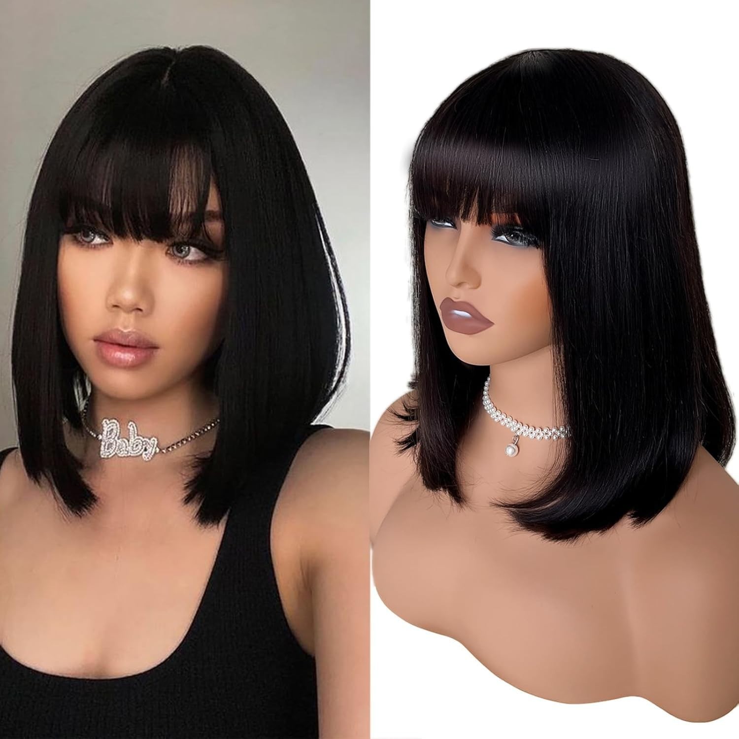 Bob Wig Human Hair Glueless Wig with Bangs Human Hair Straight 2×1 Lace Wig