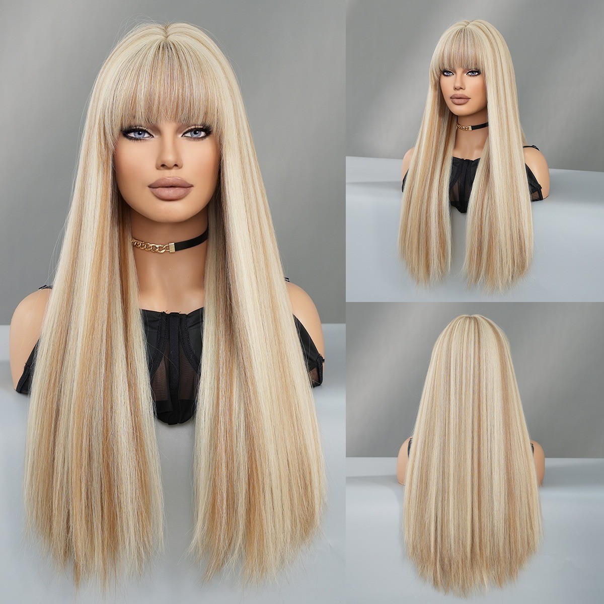 Grey Blonde Wig Long Straight Hair Daily Synthetic Fur Fake Hair Full Head Cover