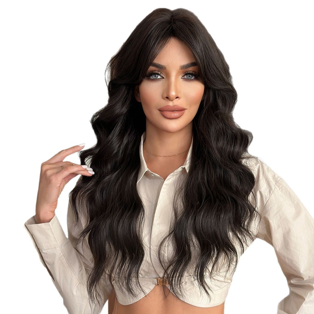 Natural Black Curly Wig with Side Part Bangs High Temperature Fiber Full Wig