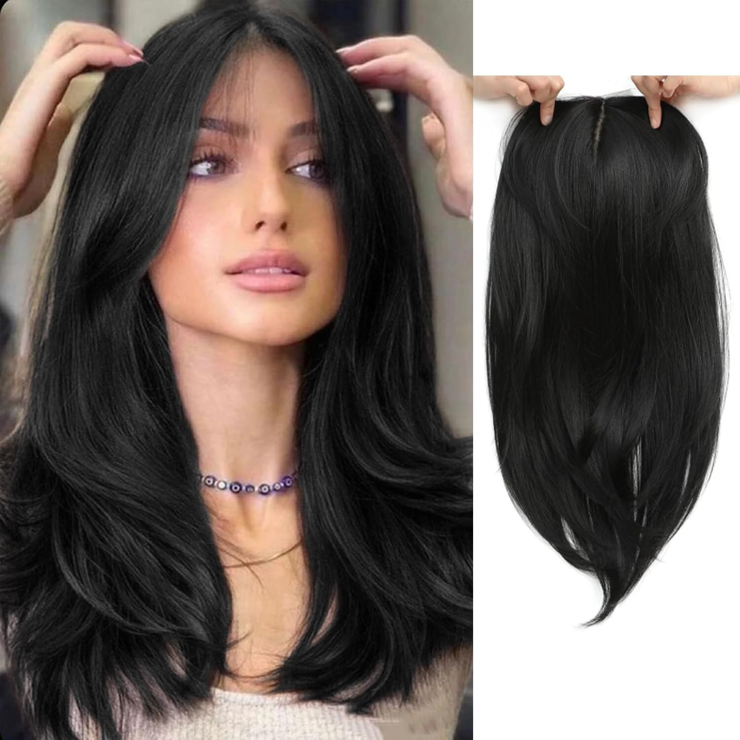 Black w/ Dark Brown Shade Long Straight 18in Women Premium Hair Topper