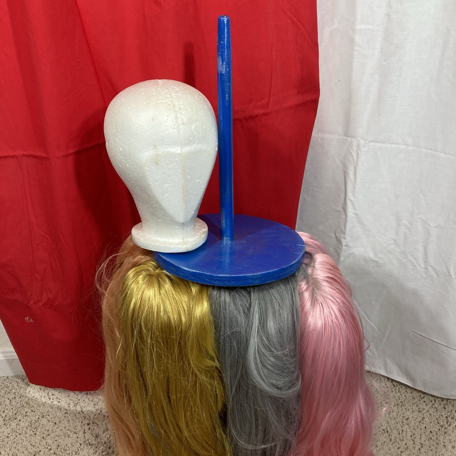 Cosplay Wigs, Set of 4 (Gold, Pink, Gray, Amber), Plus Stand (made by Dad)