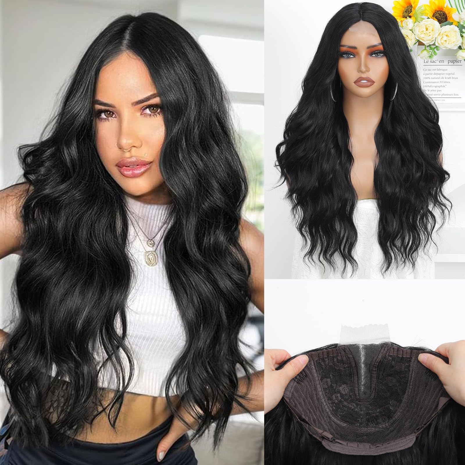 Black Wig for Women 26 Inch Long Black Wavy Wig Middle Part Black Hair Wigs H…