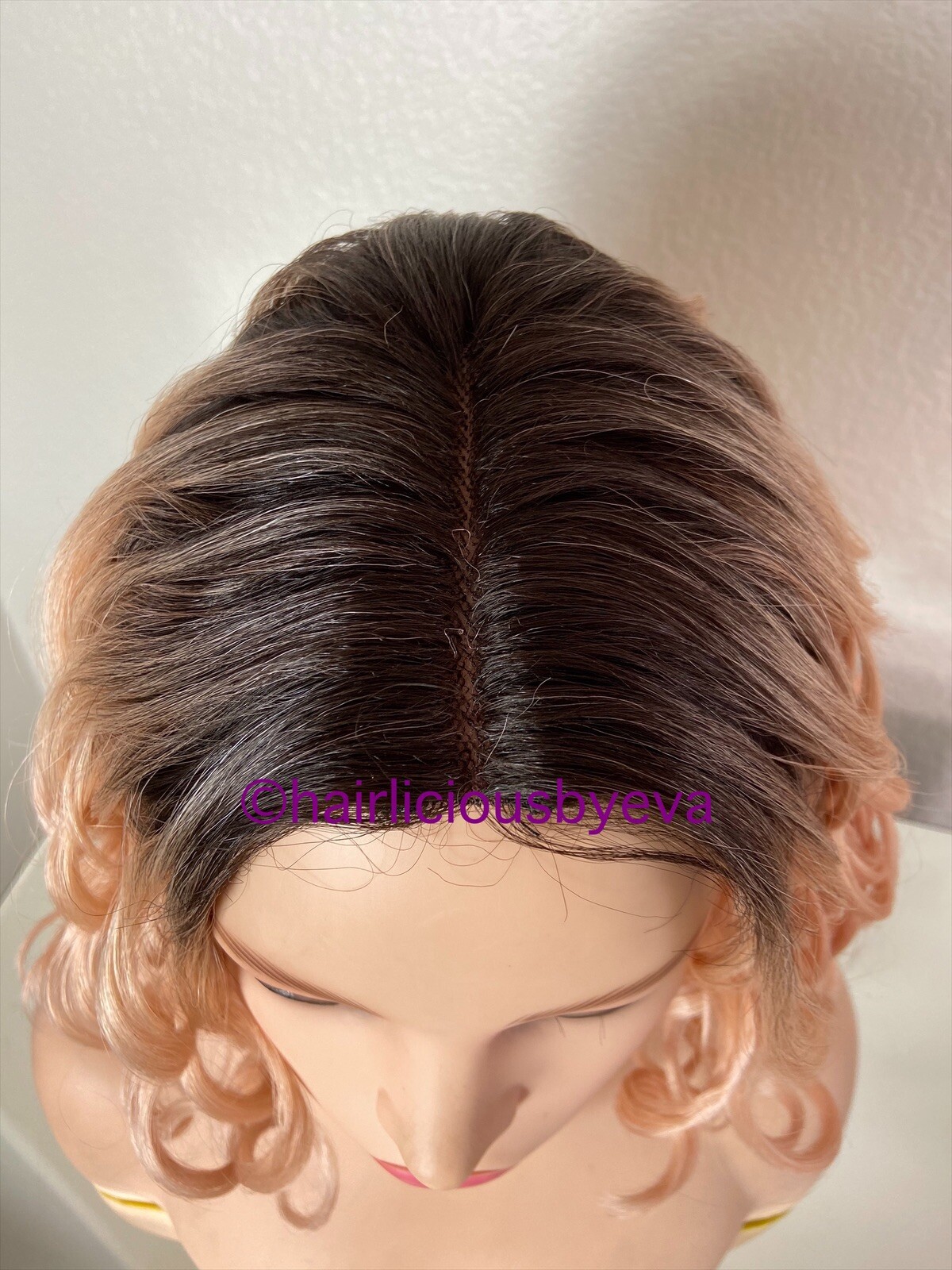 Bob Wig Curly Rose Gold Pink Ombré Middle Part Short Length Heat Resistance Ok
