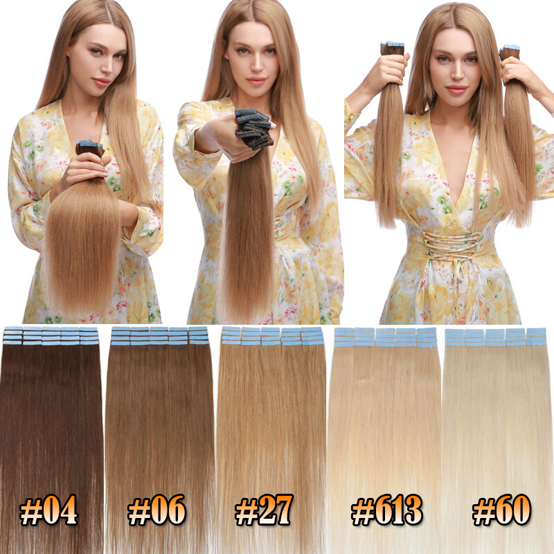 150g Russian Thick Tape In Human Hair Extensions Weft Full Head 100% Real 60pcs