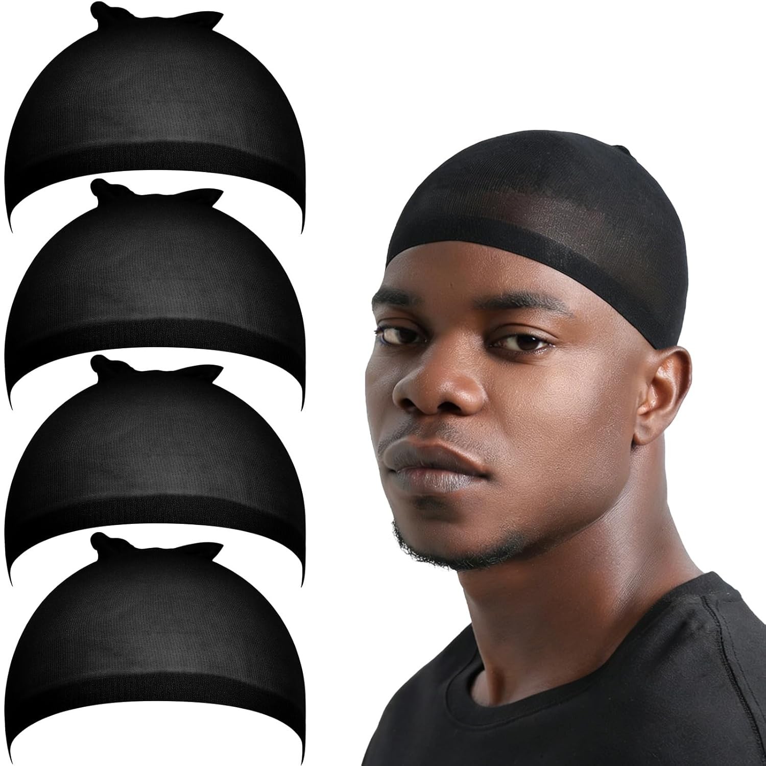 Fandamei Wig Cap for Men, 4PCS Black Hair Stocking Cap, Nylon Wig Caps Black, Ha