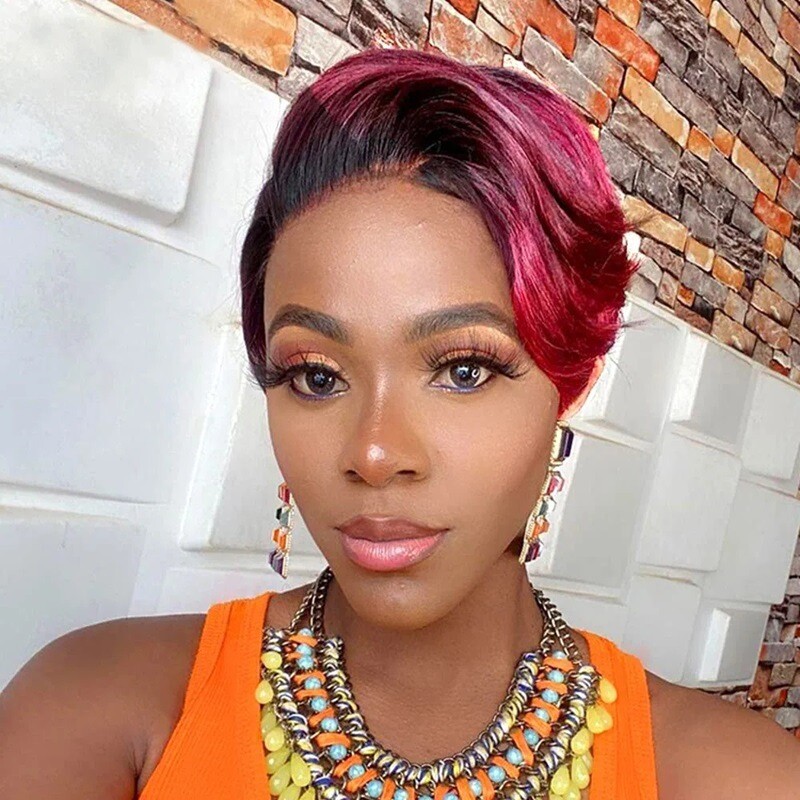 1B/99J Burgundy Pixie Cut Bob Wig Straight Lace Front Wigs Human Hair Short Bob