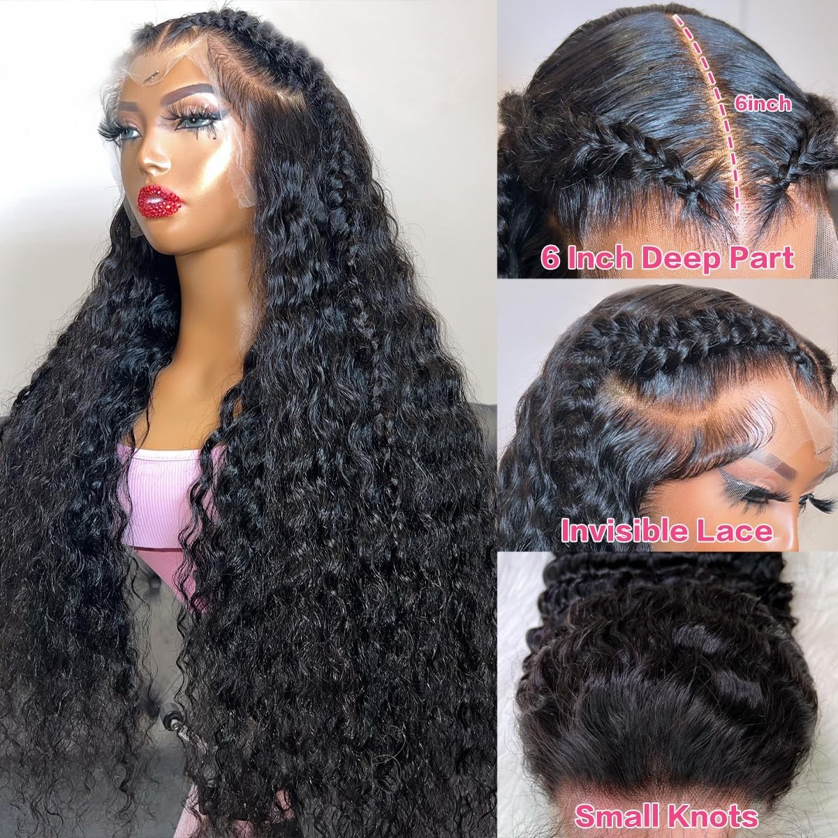 36″ Deep Wave Lace Frontal Wig – 13×6 Transparent Curly Human Hair, 200% Density