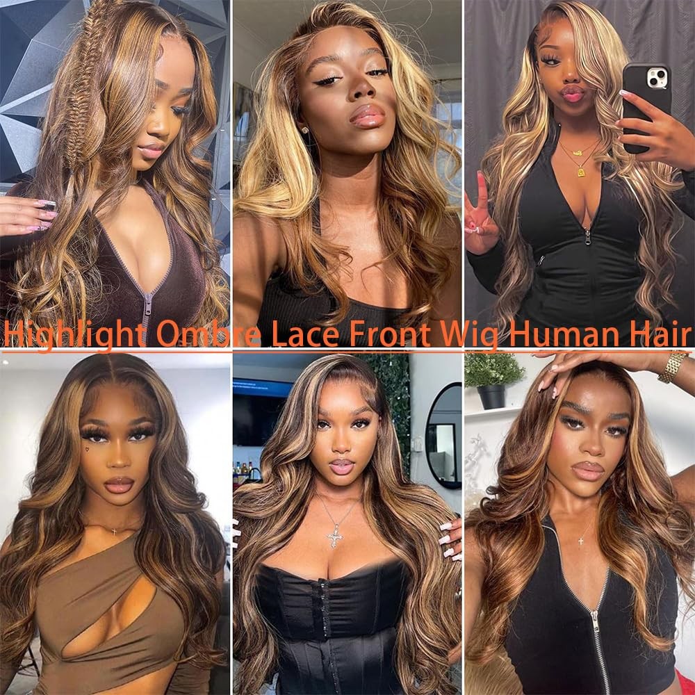 13×4 HD Body Wave Highlight Ombre Lace Front Wig Human Hair Pre Plucked 4/27 …