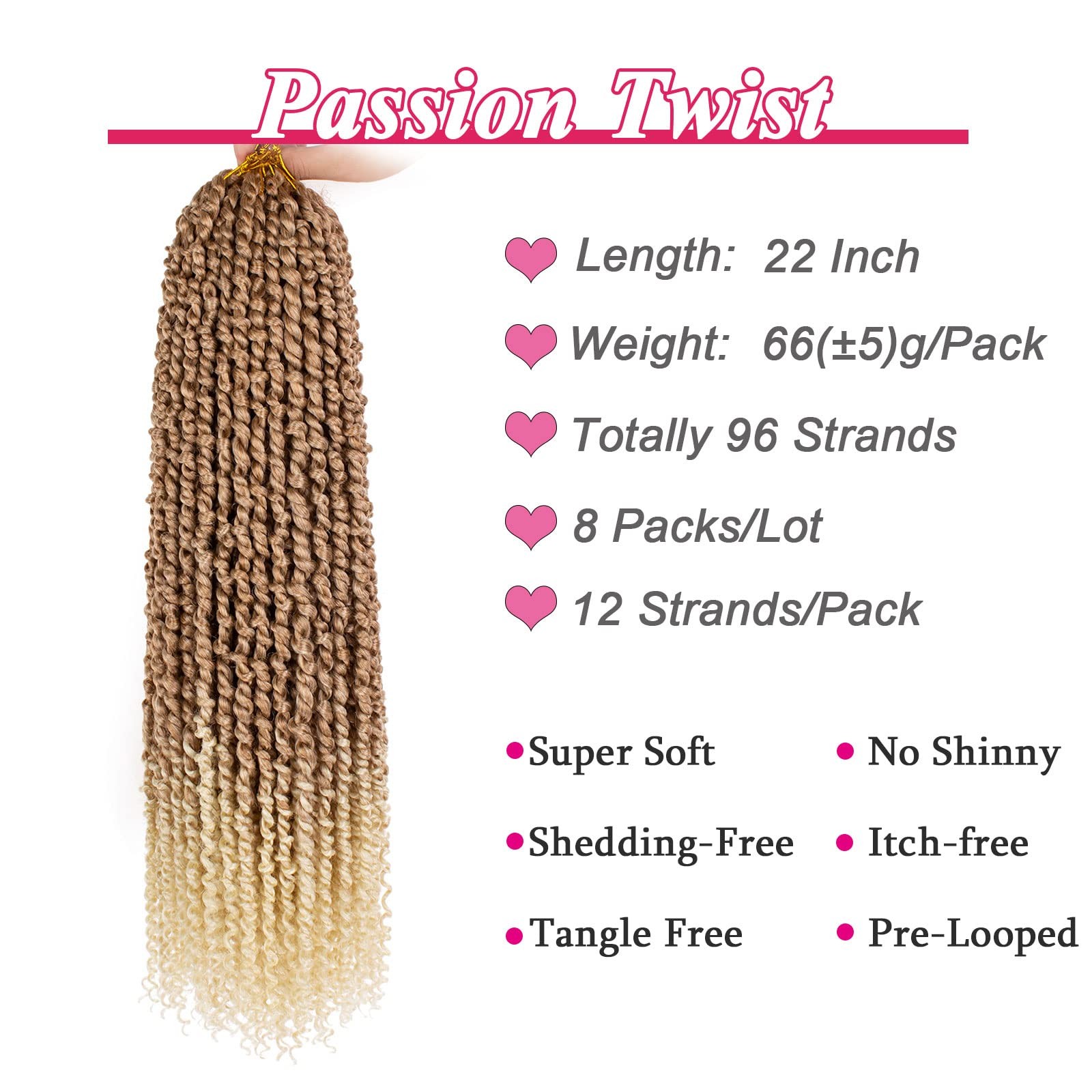 Leeven 8 Packs Pre-Twisted Passion Twists Synthetic Crochet Hair Extensions 12