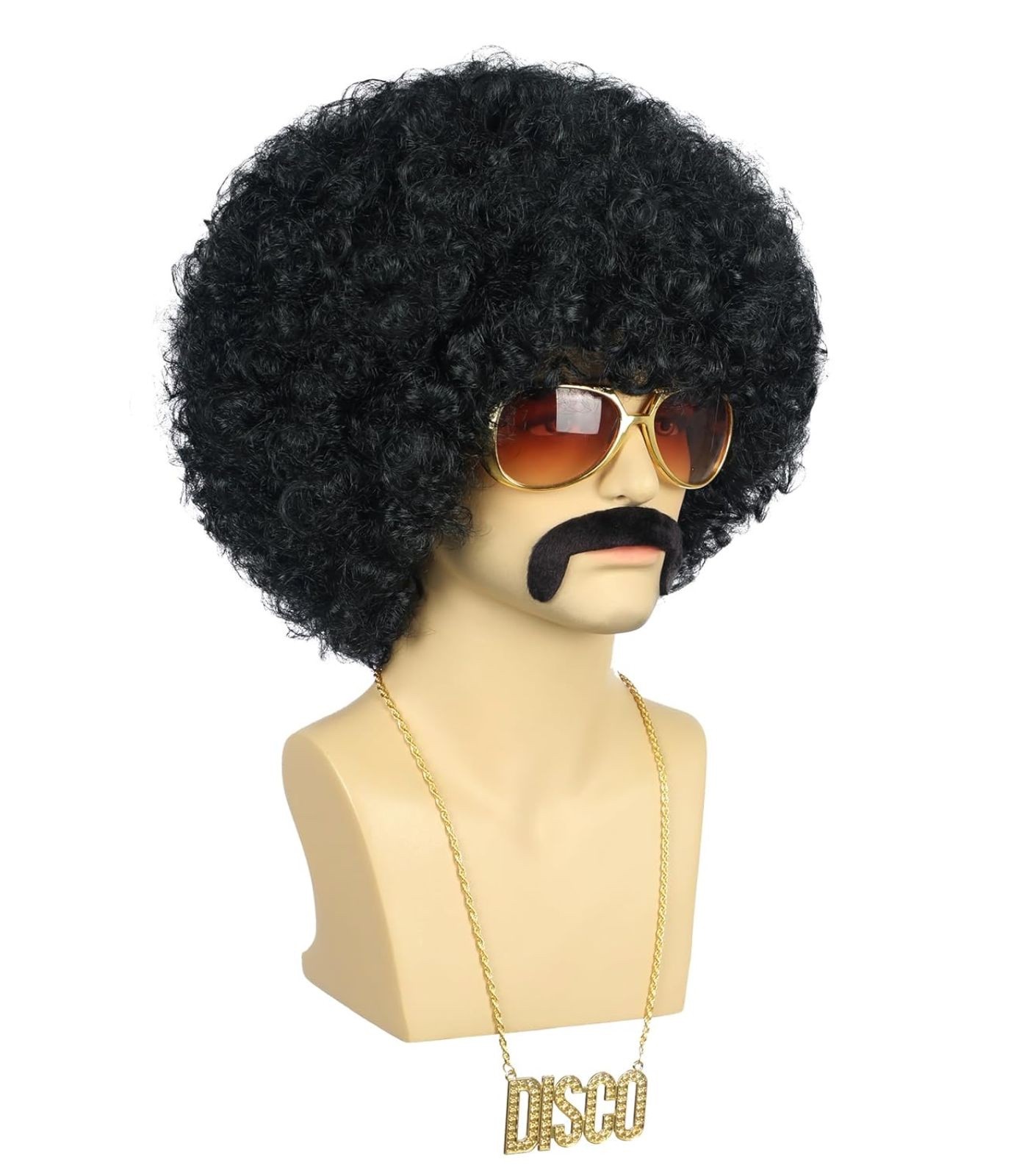 Men Women Unisex Short Curly Black Wig with Mustache Golden Necklace Glasses 60s