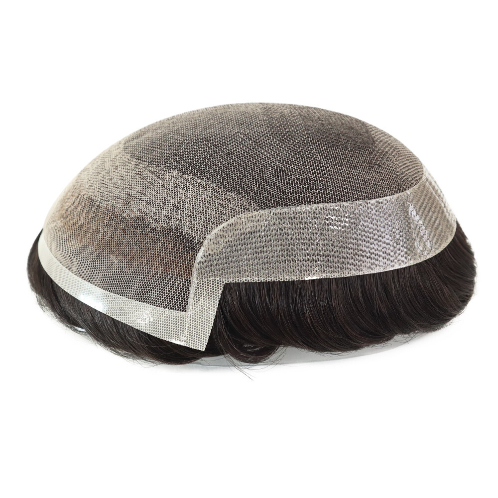 Toupee for Men Human Hair System French Lace Front Skin Hairpiece Octagon 7×9#1B