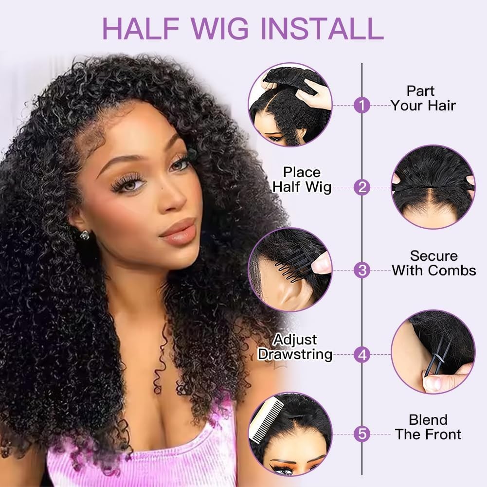 Kinky Curly Half Wig Human Hair 250% Density Wear and Go Glueless Wigs 3 In 1…