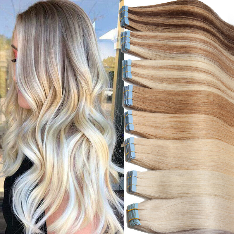 Balayage Thick Glue Tape In Human Hair Extensions Full Head Skin Weft Long 20pcs