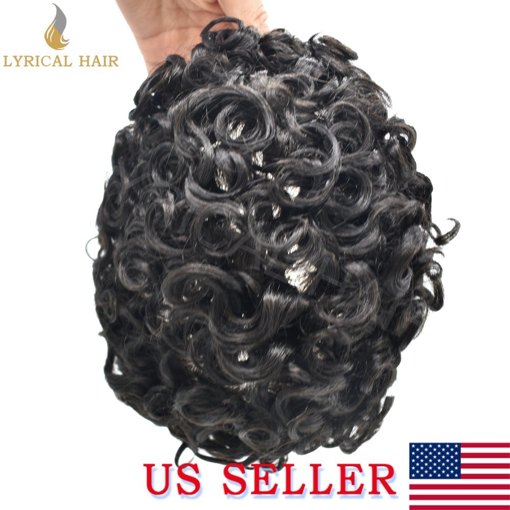 US 20mm Curly Toupee For Men Human Hair System Skin PU Deep Wavy Mens Hair Piece