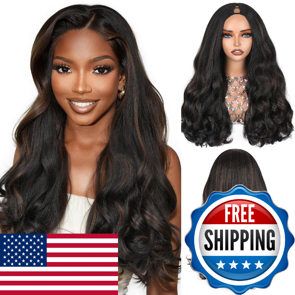 HANNE Yaki Curly V Part Wig U Part Synthetic Half Wigs for Black Women 22 Inch H