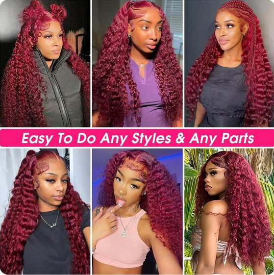 Burgundy 99J 200% Density Human Hair 5×5 Water Wave Transparent Lace Wigs