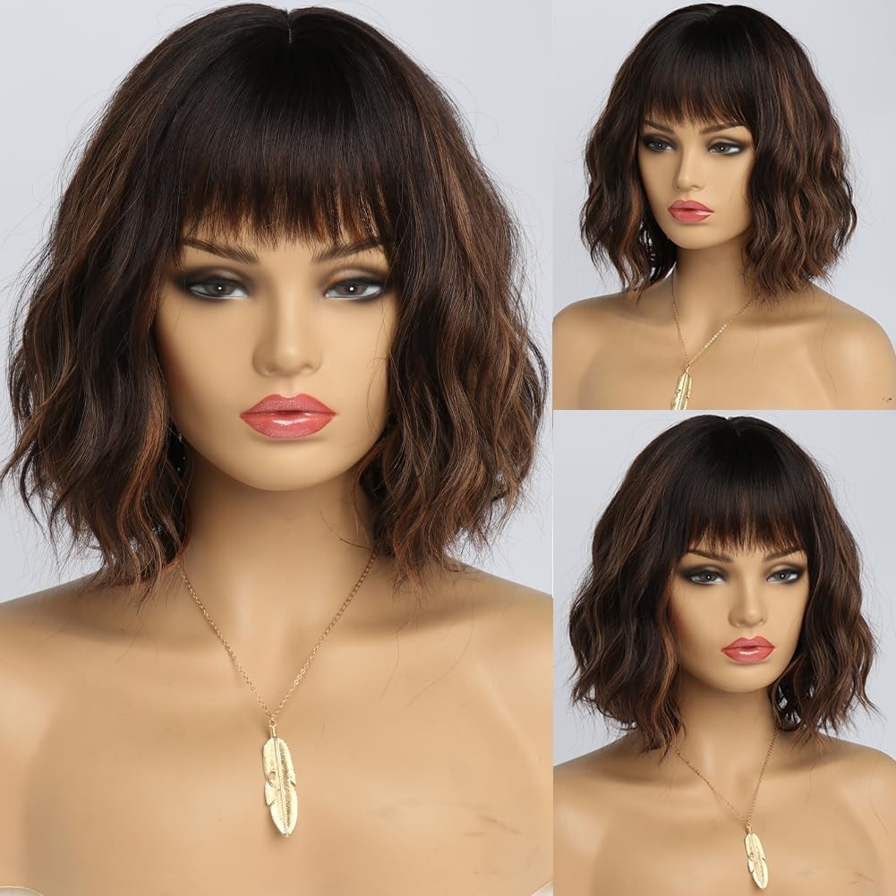 14″ Brown Gold Highlight Wavy Bob Wig for Women Daily Wear 97E209905
