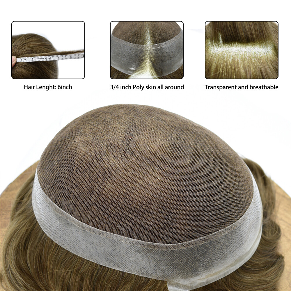 Mens Toupee French Lace Poly PU Hairpiece Wig Soft Human Hair System Replacement