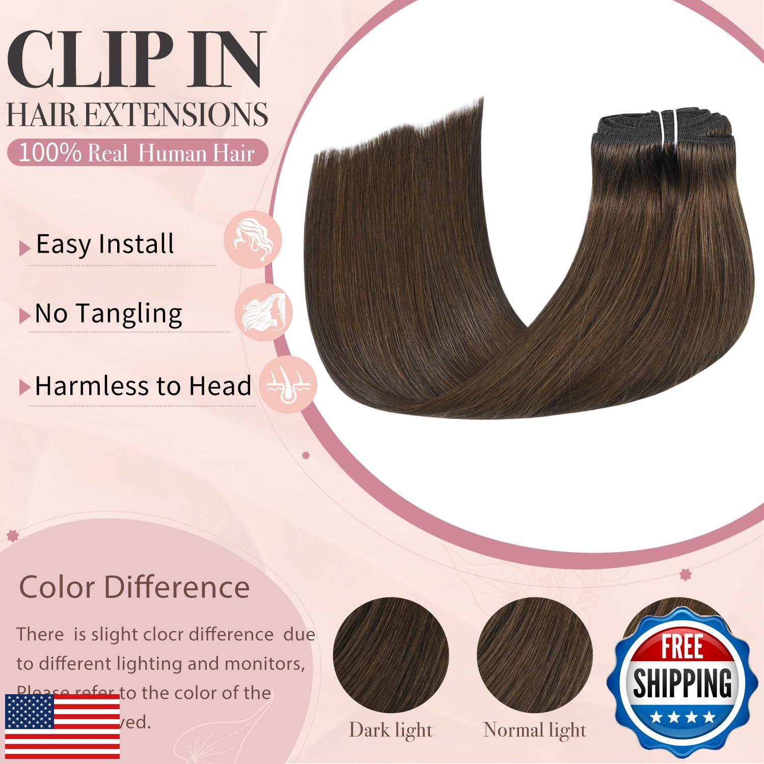 HUAYI Medium Brown Clip in Hair Extensions Real Human Hair, 14 inch 120g 7Pcs