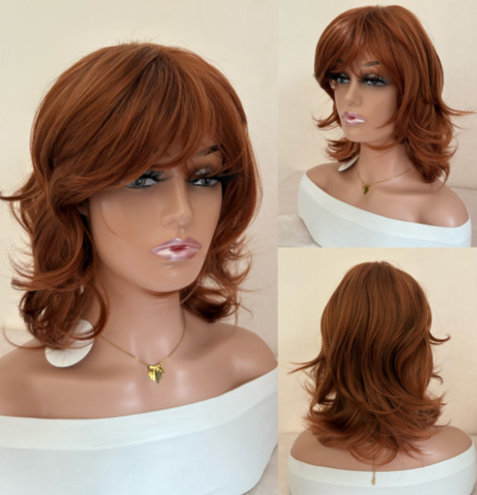 Women Medium Red Brown Mix Synthetic Hair Wigs Women Soft Natural Daily Wig