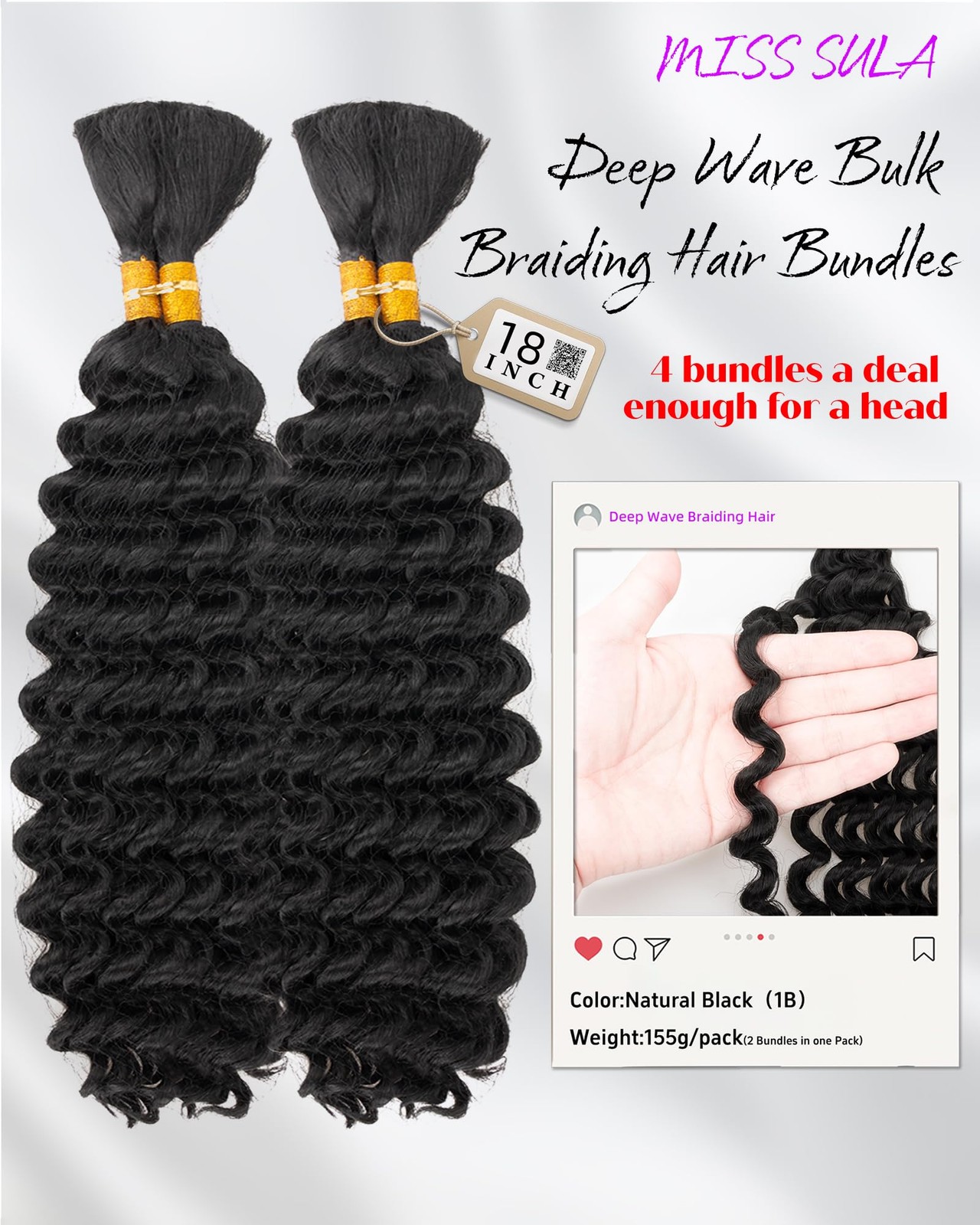 Miss Sula Deep Wave Bulk Braiding Hair Extensions-18 Inches 4 Bundles Natural