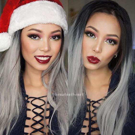 Long Straight Middle Part Wig Black Grey Blue Heat Resistant Synthetic Hair USA