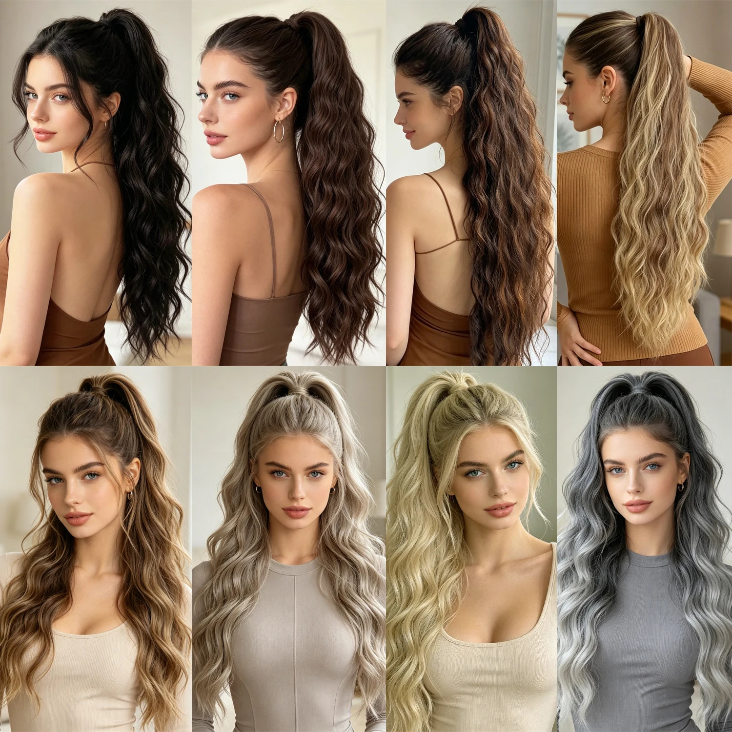 Fluffy Black Brown Water Wave Ponytail Extensions Synthetic Claw Clip for Women