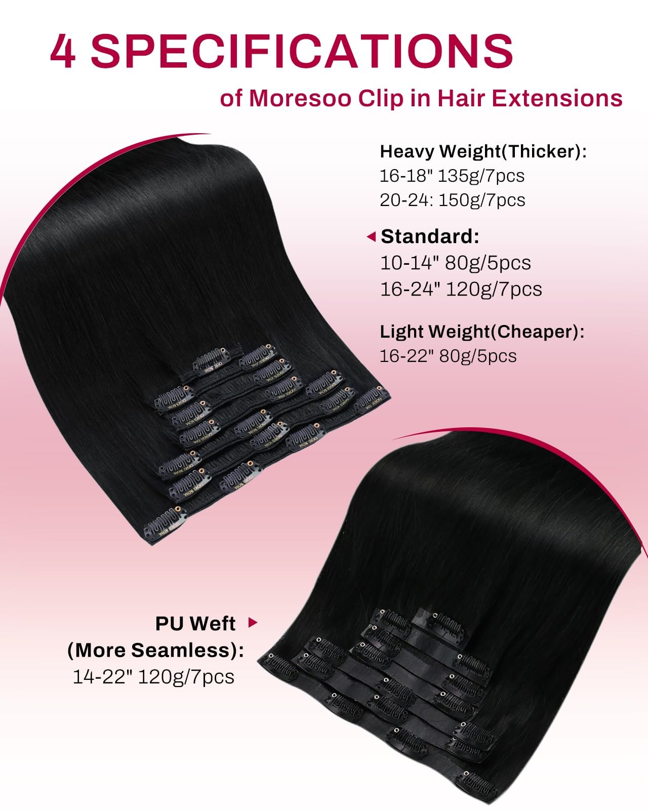 Clip in Hair Extensions 24 Inch Black Remy 120g 7pcs – Natural Volume & Length