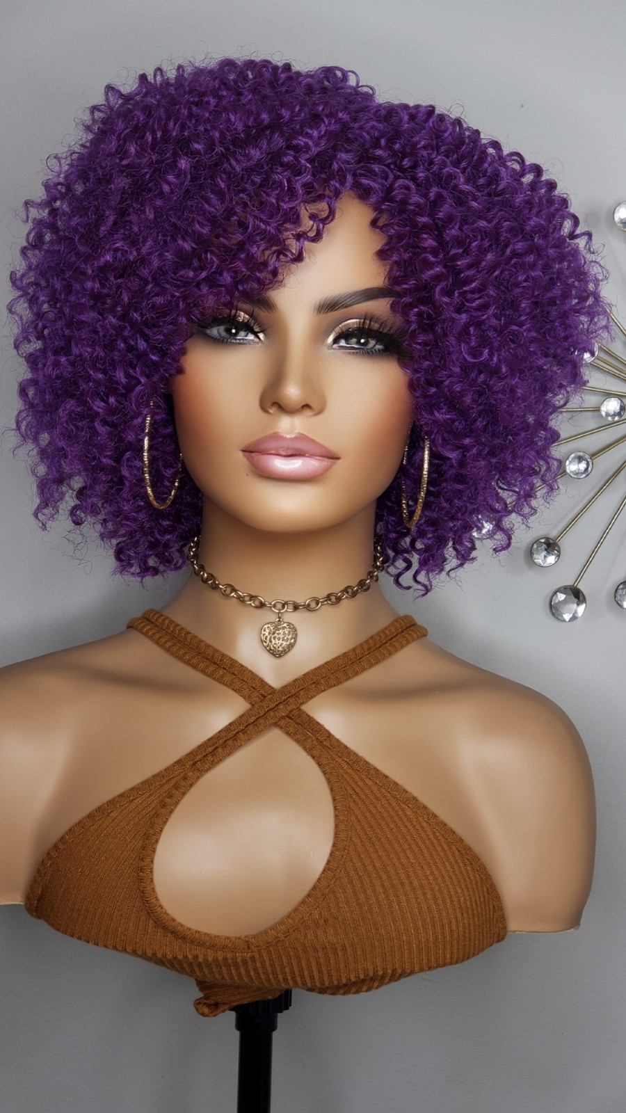 New Short Curly Afro Style Purple Full Cap Wig Womens Hair Wigs