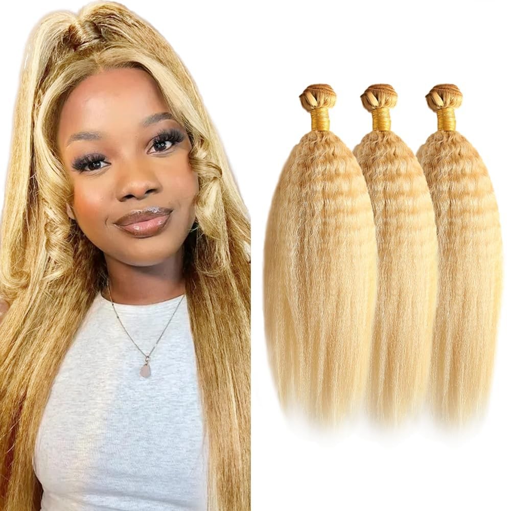 Peenoll Human Hair Bundles 24 26 28 Inch Blonde 613 Yaki Wave Bundles Human