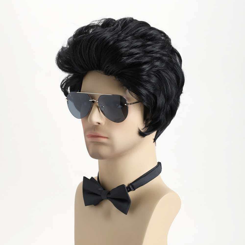 10in Black Pompadour Greaser Wig with Sideburns Full Heat Resistant Cosplay