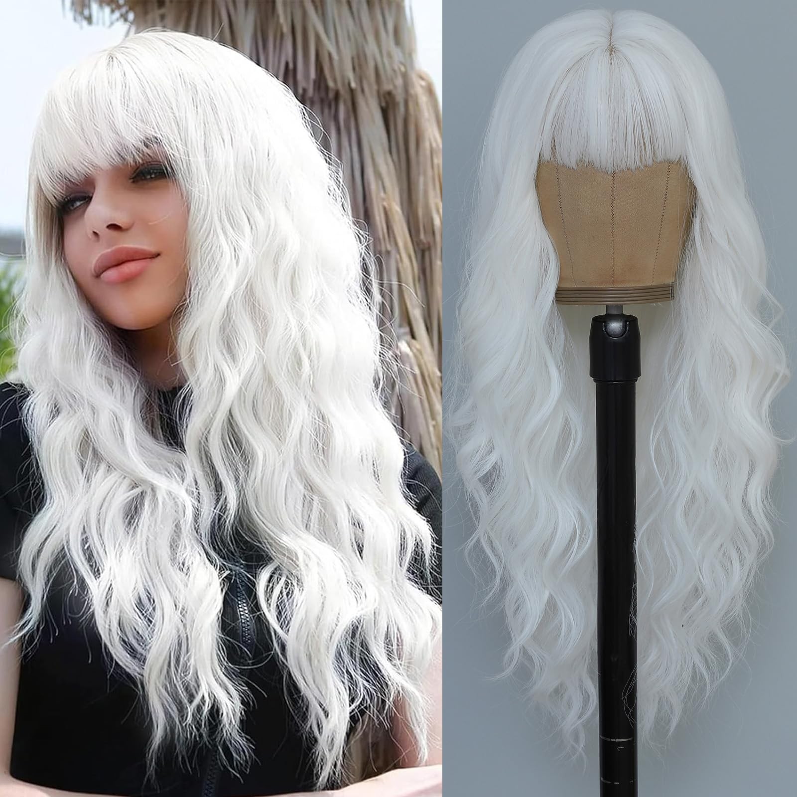 White Wig with Bangs for Women 26 Inch Long Wavy White Wigs Synthetic Heat Re…